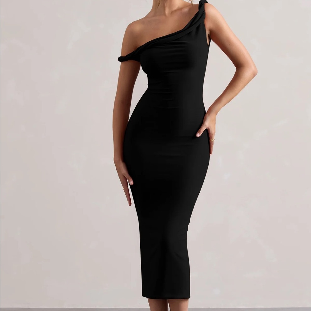 Club L London Black Asymmetrical One-Shoulder Midi Dress
